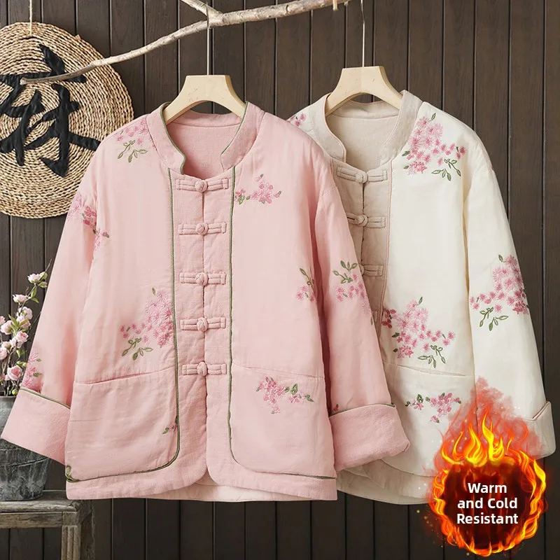 

High-End Fashion Chinese Style Buttoned Hemp Cotton Jacket Women's Winter New Style National Trend Cotton Warm Coat Outerwear