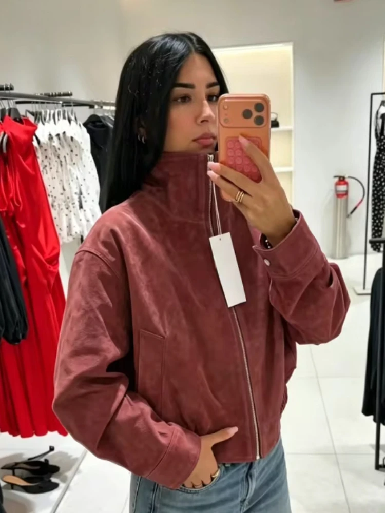 Women Suede Jacket Stand Collar Zip Up Loose Short Coat Autumn Long Sleeve Elastic Hem Casual Vintage Streetwear Dusty Rose