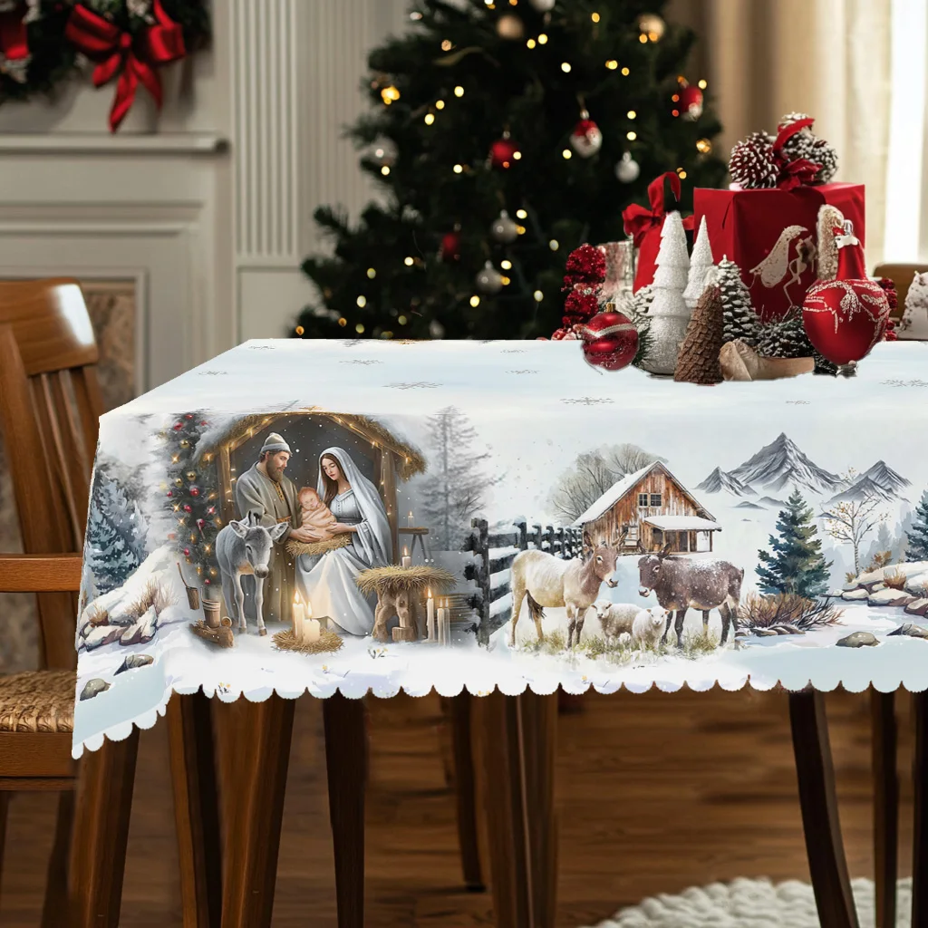 1 Piece Merry Christmas Themed Tablecloth, Retro Country Farmhouse Style, Christmas Eve Scene Pattern Design, Suitable for Holiday Parties, Camping Picnics, Garden Birthday Party Decorations, Kitchen Accessories, Restaurant Terraces, Tablecloths for Indoor and Outdoor Use, Perfect Gifts for Friends, Multiple Sizes Available