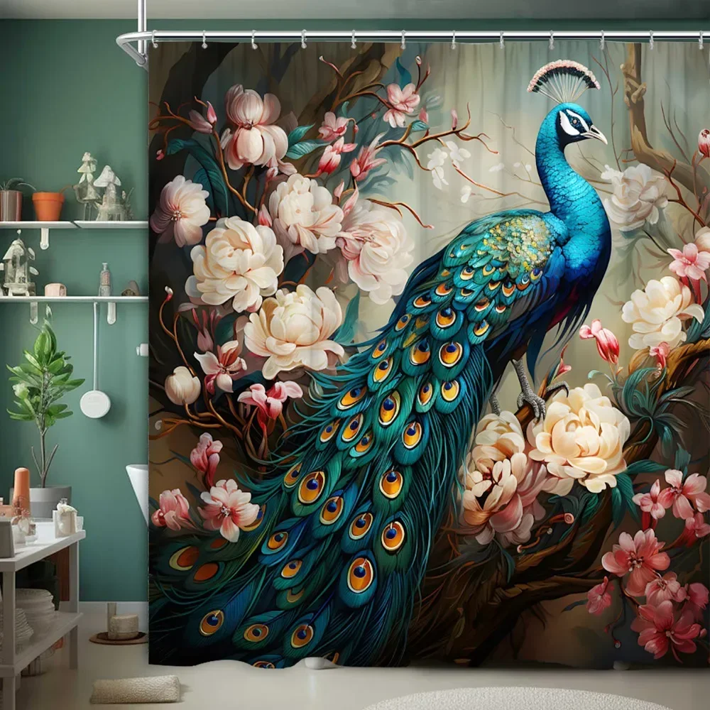 Peacock Shower Curtain Tropical Botanical Animal Flower Farm Oil Painting Landscape Polyester Fabric Bathroom Decor Curtains Set