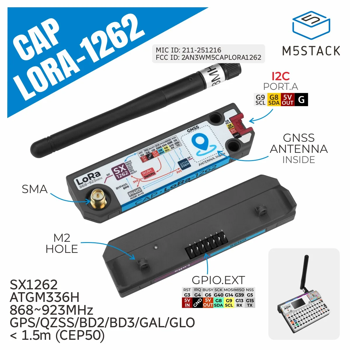 M5Stack Cap LoRa1262 LoRa + GPS Beidou GNSS Support Meshtastic