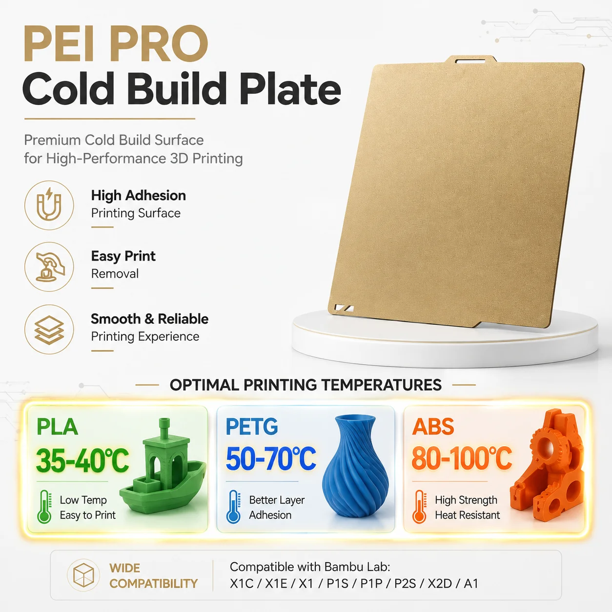 PEI PRO Cold Build Plate For Bambu Lab X1C X1E X1 P1S P1P P2S X2D A1, Ultra High Adhesion 3D Printer Cool Build Plate ABS Parts