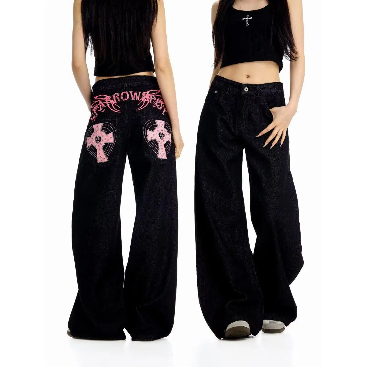 

Hong Kong Style Hip Hop Men's Jeans Summer New Letter Print Personality Street Fashion Long Pants Low Waist Drawstring
