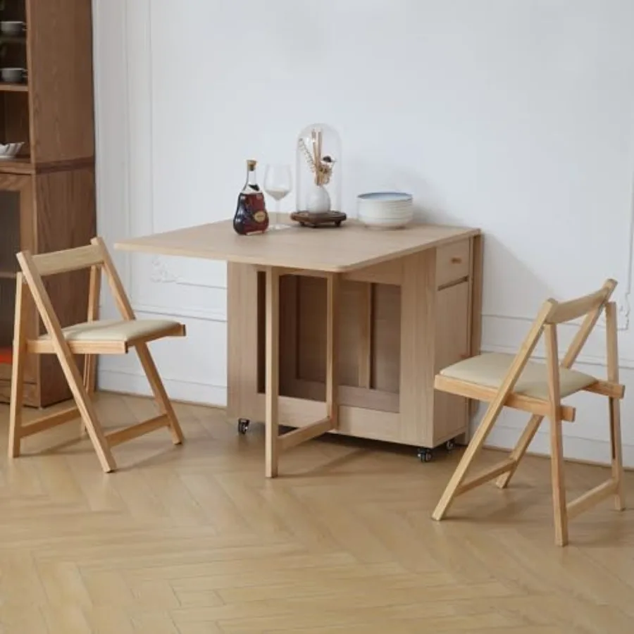 

Wood Drop Leaf Folding Dining Table with 2 Drawers and 4 Wheels, Foldable Dining Room Table in Natural Wood Tone, Space Saving