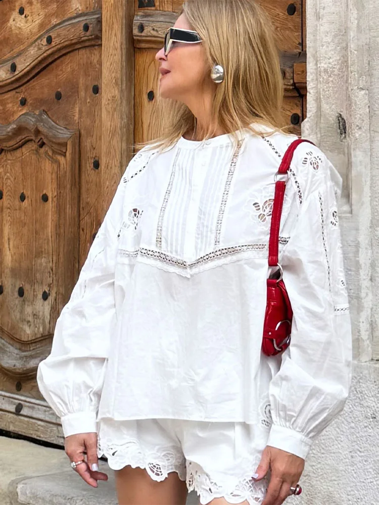 HH verano mujeres Chic hueco bordado decoración O-Collar blusas Top + moda sólido alto plisado Casual pantalones cortos conjuntos