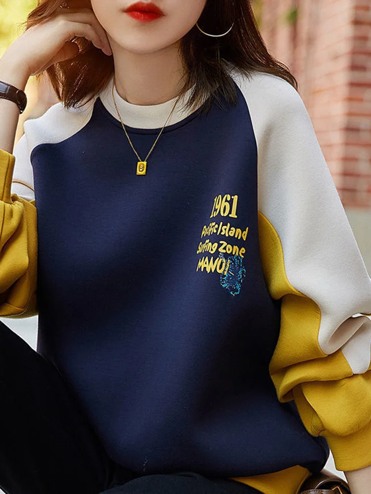 Autumn Winter Color Blocking Printing Letter Sweatshirts Women New Long Sleeve O-collar Plush Thickening All-match Top 2022