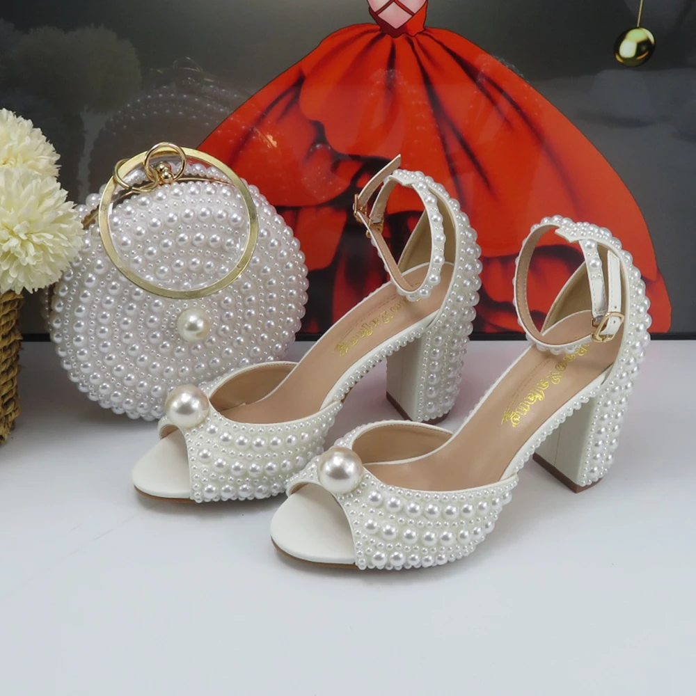 

Fashion White Beads Pearl women wedding shoes Bride High heels shoes ladies super big size party dress shoes woman Fish toe