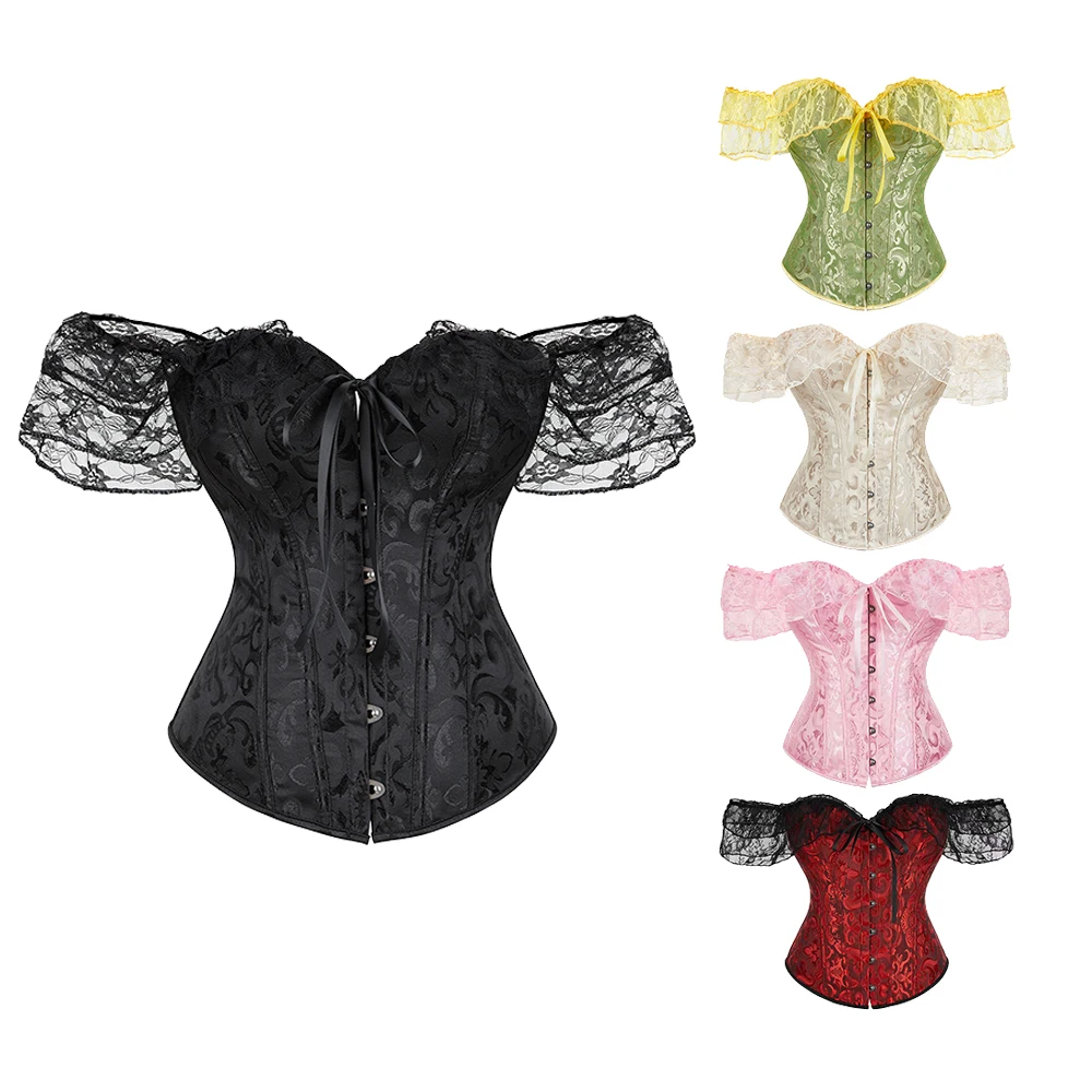 Overbust Corset with Lace Short Sleeves Women Jacquard Waist Bustier Top Corselet