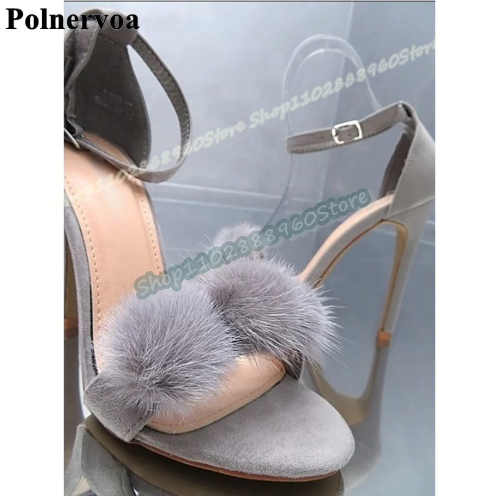 

Gray Flock Furry Ball Decoration Sandals Stilettos High Heel Shoes For Women Ankle Buckle Strap Open Toe Party Fashion Sandals