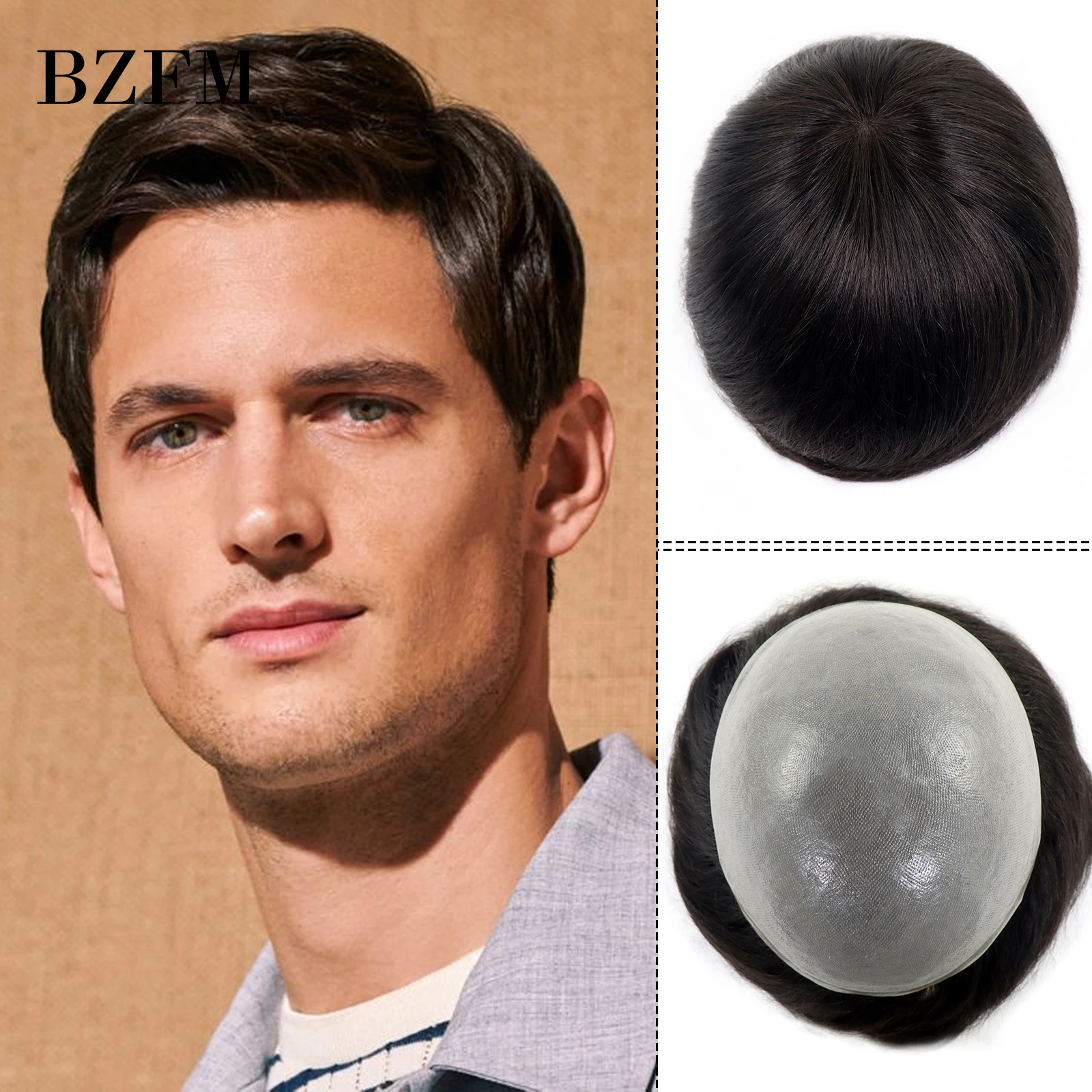 Skin PU Men Toupee Natural Black Capillary Prosthesis Toupee For Men 6