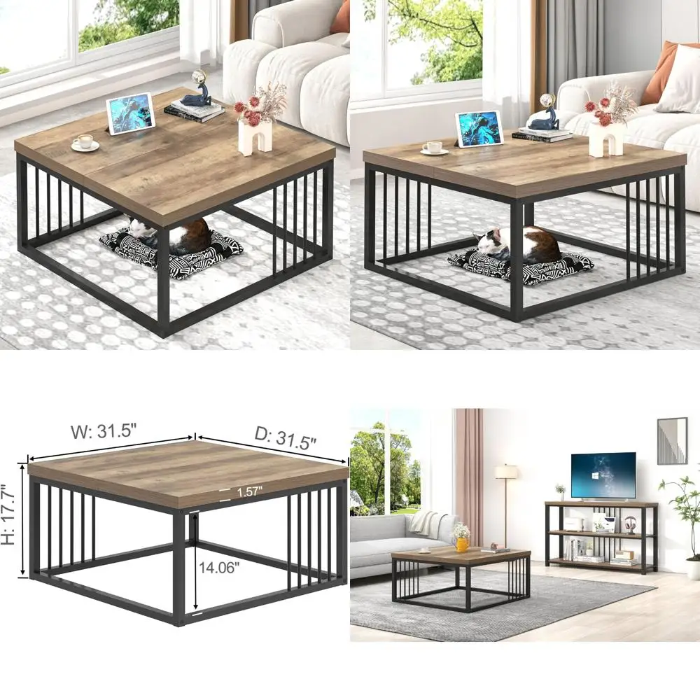

Modern Industrial Coffee Table, Square Living Room Centerpiece with Rustic Wood and Metal, 31.5 Inches