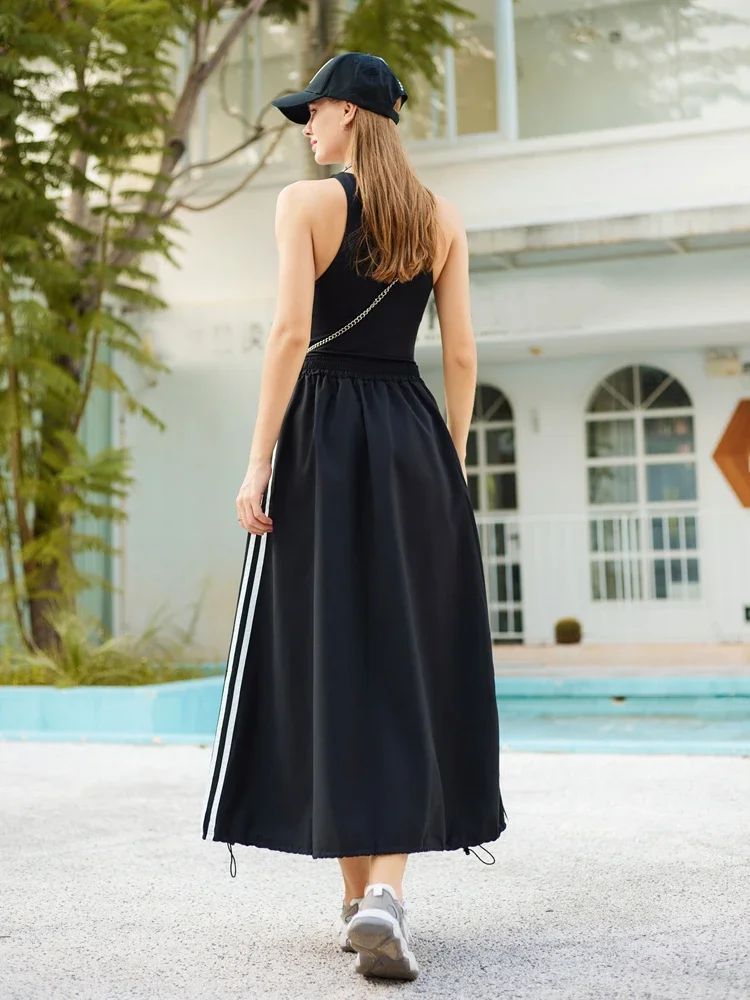 Y2K Designer Skirts Women Korean Vintage Side Striped Black Parachute Cargo Skirts Casual Loose Drawstring Aesthetics Skirt 2024