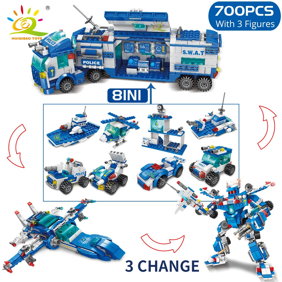 HUIQIBAO 700PCS 8in1 Stad Politie Commando Vrachtwagens Bouwstenen Politieagent Robot Auto Helikopter Model Bricks Speelgoed voor Kinderen