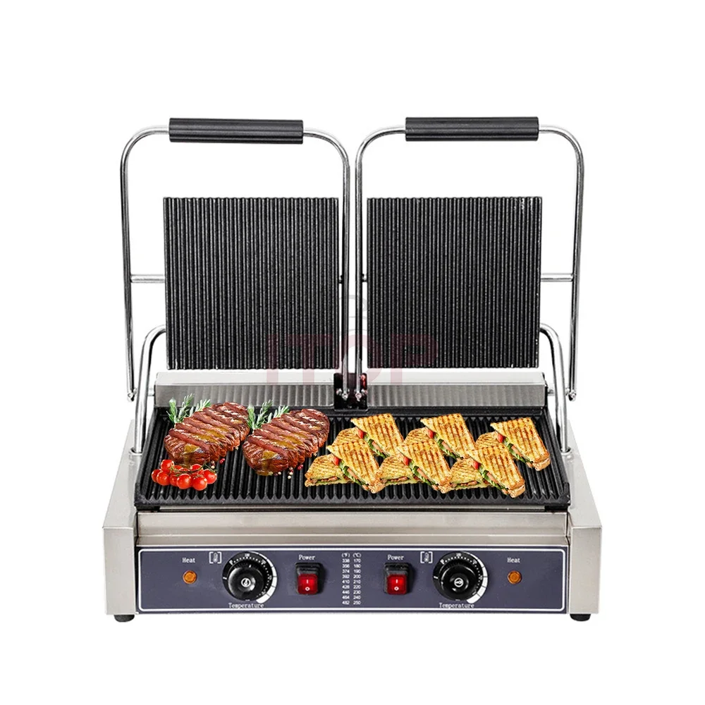 Hot Sales Double Head Group Commercial Non-stick Sandwich Grill Electric Smokeless Contact Grill Panini Grill