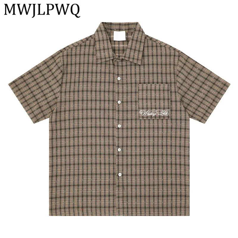 

MWJLPWQ American Retro Plaid Short-Sleeve Layered Shirt For Men Summer Casual Loose-Fit Commuter Trendy Style Lapel Tops 16130