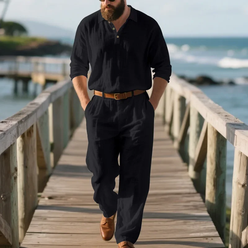 Autumn Men's Linen Suit Loose Polo Long Sleeve Long Pants Casual Suit Men's Two-Piece Set