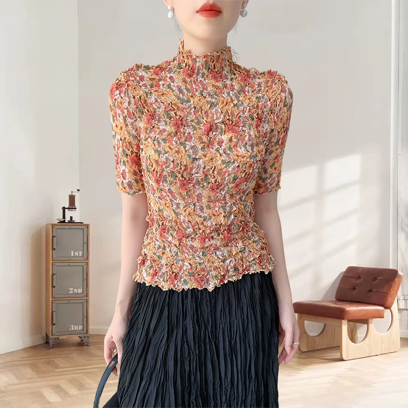 

Miyake Pleated T-shirt Plisse Print Summer Miyake Fold Top Women Pleat Casual Open Loose Pleats T-shirt Round Neck Short Sleeve