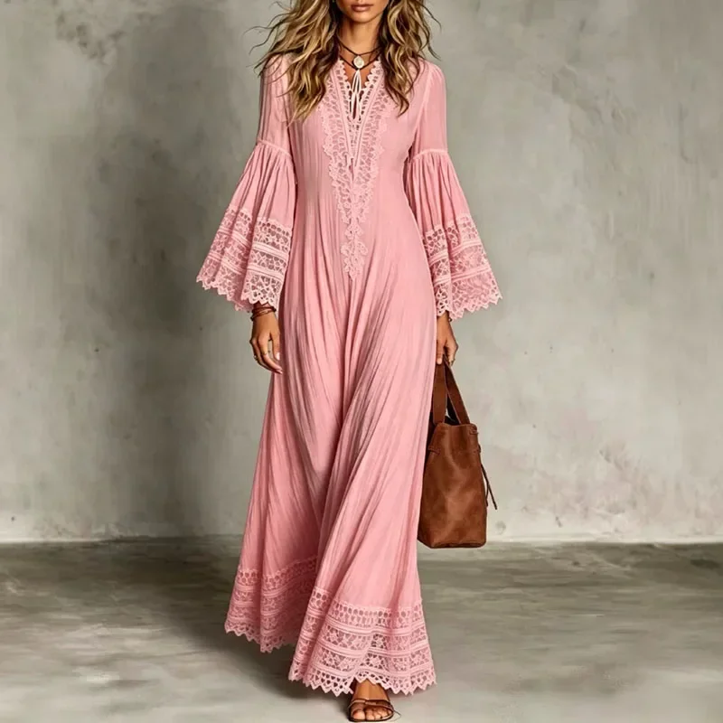 Women Solid Bohemian Maxi Dress V Neck Flare Long Sleeve Lace Crochet Trim Tiered Long Dress Elegant Beach Wedding Guest Dresses