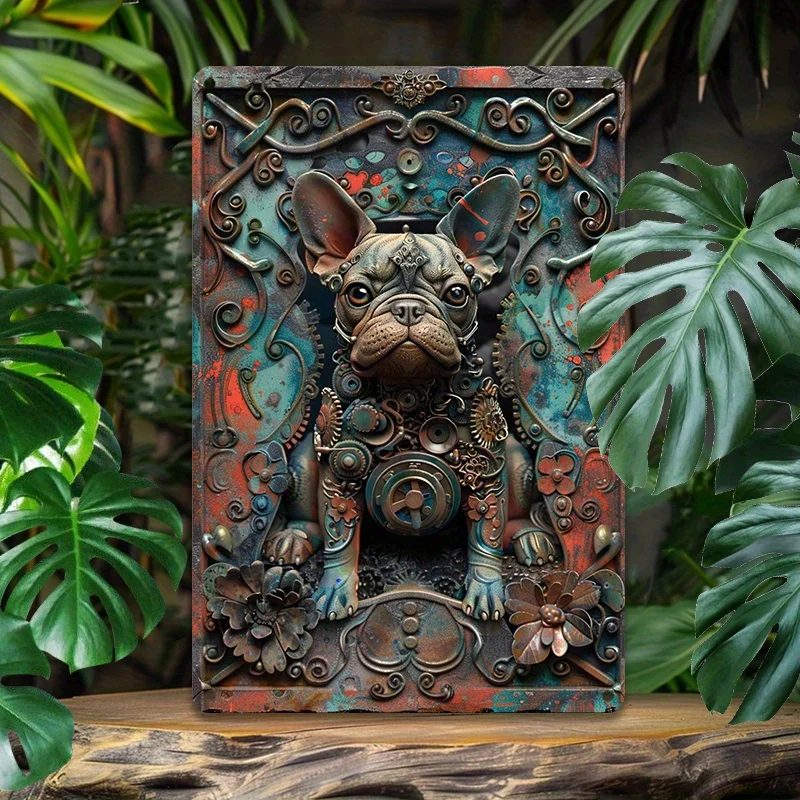 

Steampunk Bulldog Aluminum Wall Art Set, 2D Metal Dog Decor Signs, Pre-Drilled Weather-Resistant Home Decoration