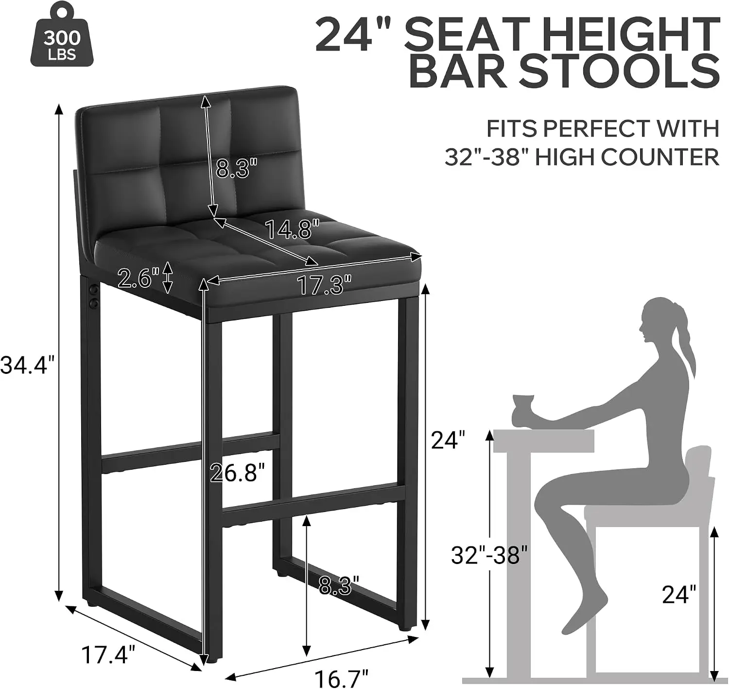 Bar Stools Set of 2, Modern Counter Height Bar Stools, Black | 24" Faux Leather Bar Chairs with Back, Footrest, Sturdy Thickened view 2