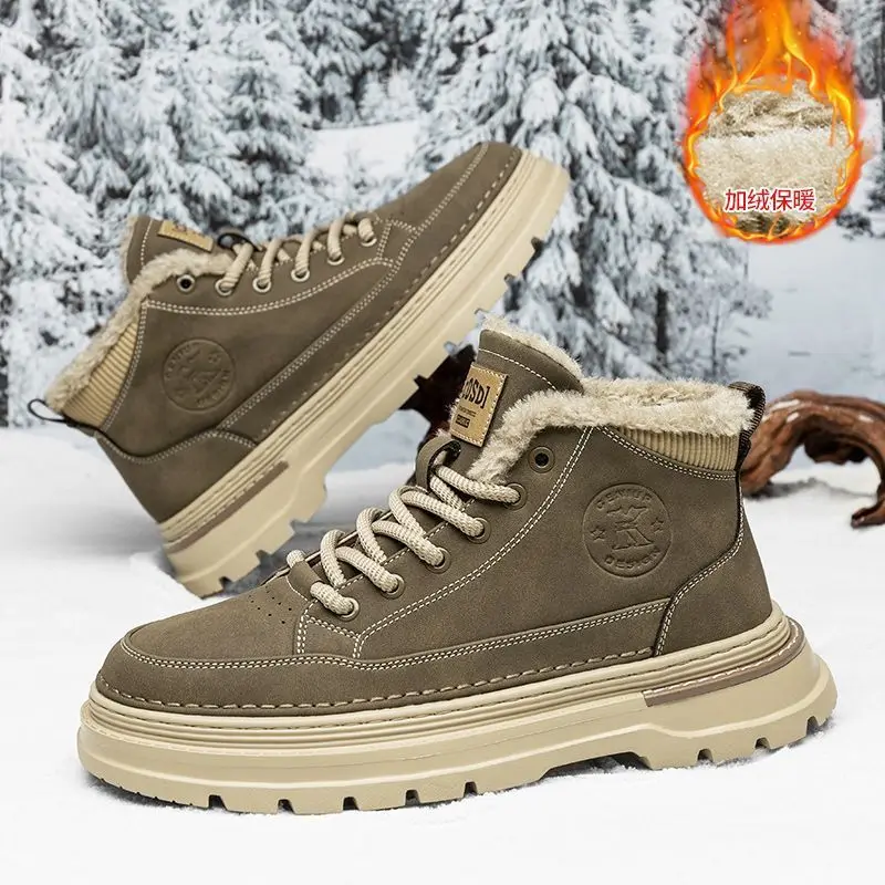 Men's Winter Thickened Fleece Lined Thermal Cotton Boots High-Top Leather Shoes Thick Sole Outdoor Snow Boots