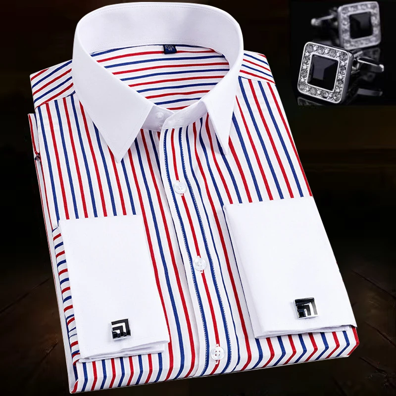 French Cuff Button Dress Shirt for Men Wedding Party Tuxedo Men\'s Cufflink Shirts Long Sleeve Slim Fit Business Formal Shirts