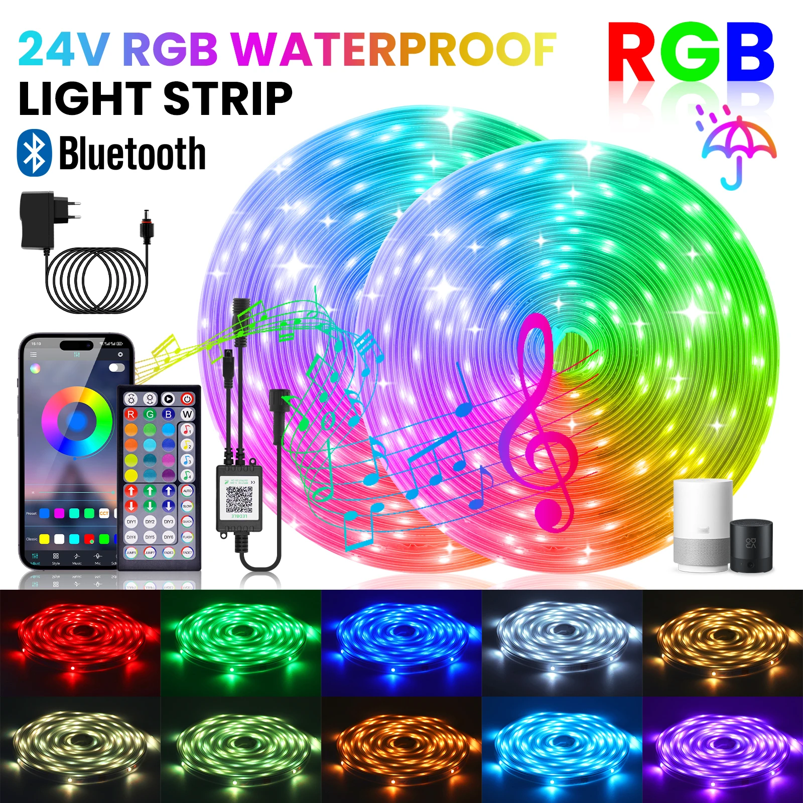 DC 24V Bluetooth APP Control RGB LED Strip 5M 30M 60M IP67 Waterproof Outdoor Garden Home Decor Flexible Ribbon Led Tape Diode