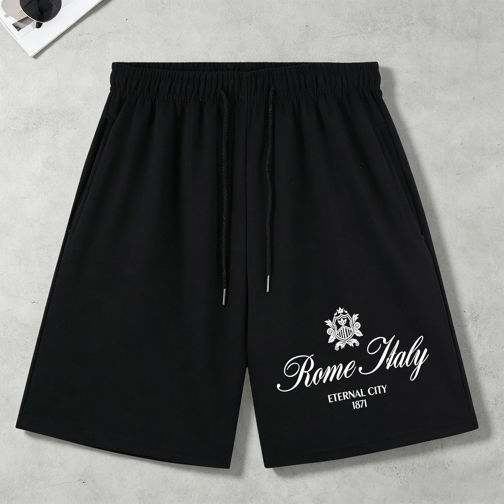 Rome Eternal City Pattern Pocket Mens Shorts Summer Fashion Casual Sportwear Loose Soft Streetwear Unisex All-Match Black Pants