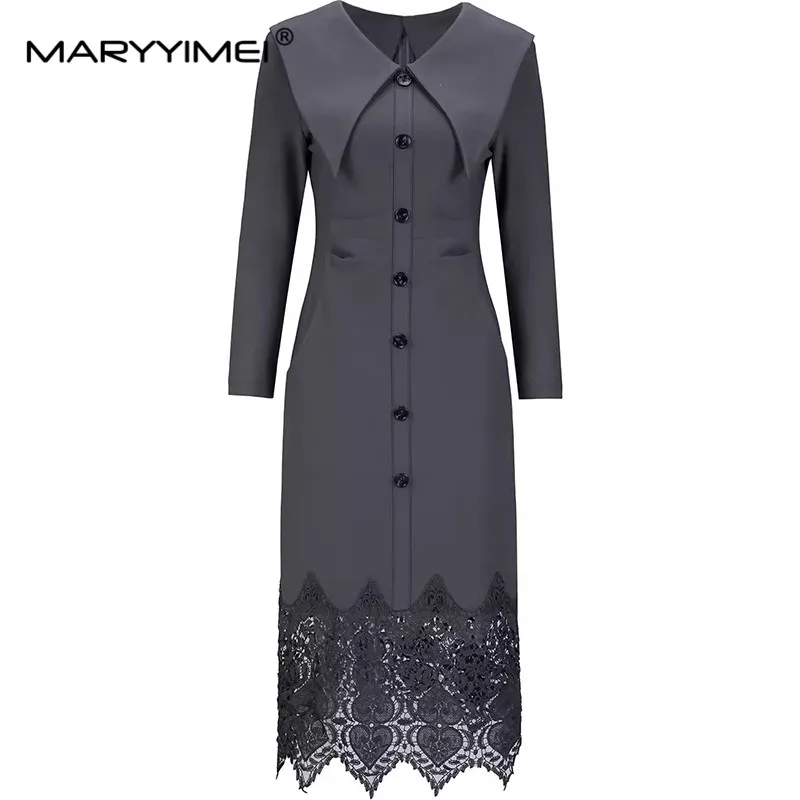 

MARYYIMEI Hollow Out Lace Splicing Fashionable Dress Women's Turn-Down Collar Long Sleeved Single-Breasted Elegant Dresses