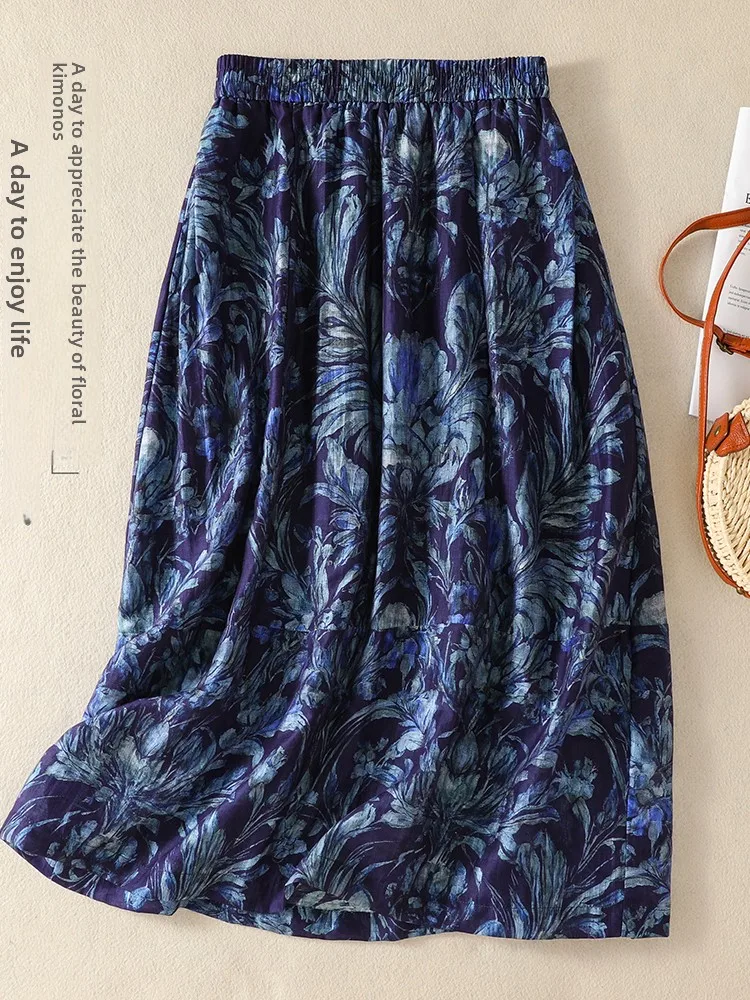 Retro Artistic Light Blue Print Cotton Linen Half Skirt Women Summer Thin Anti Aging Smooth Slimming Midi A-Line Skirt