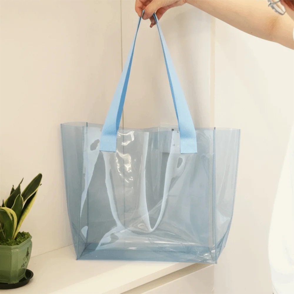 

Simple Jelly Color PVC Transparent Bag Waterproof Reusable Women Handbag Storage Bag Tote Bag Single Shoulder Bag Fitness Bag