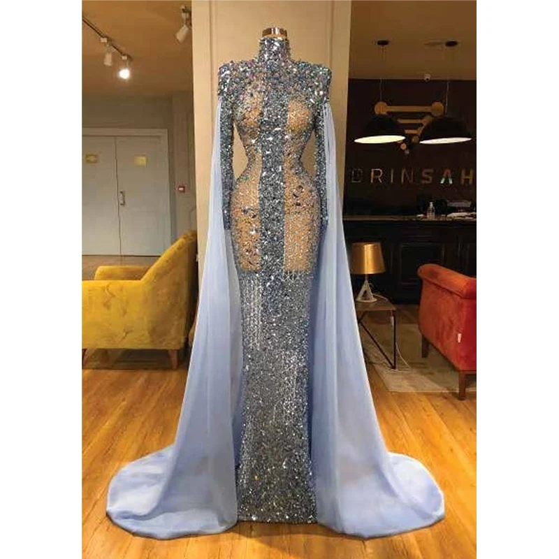 

Sparkly Prom Dresses For Women High Neck With Long Satin Sleeves Train Sequined Evening Gown Custom Made Formal Vestidos De Gal