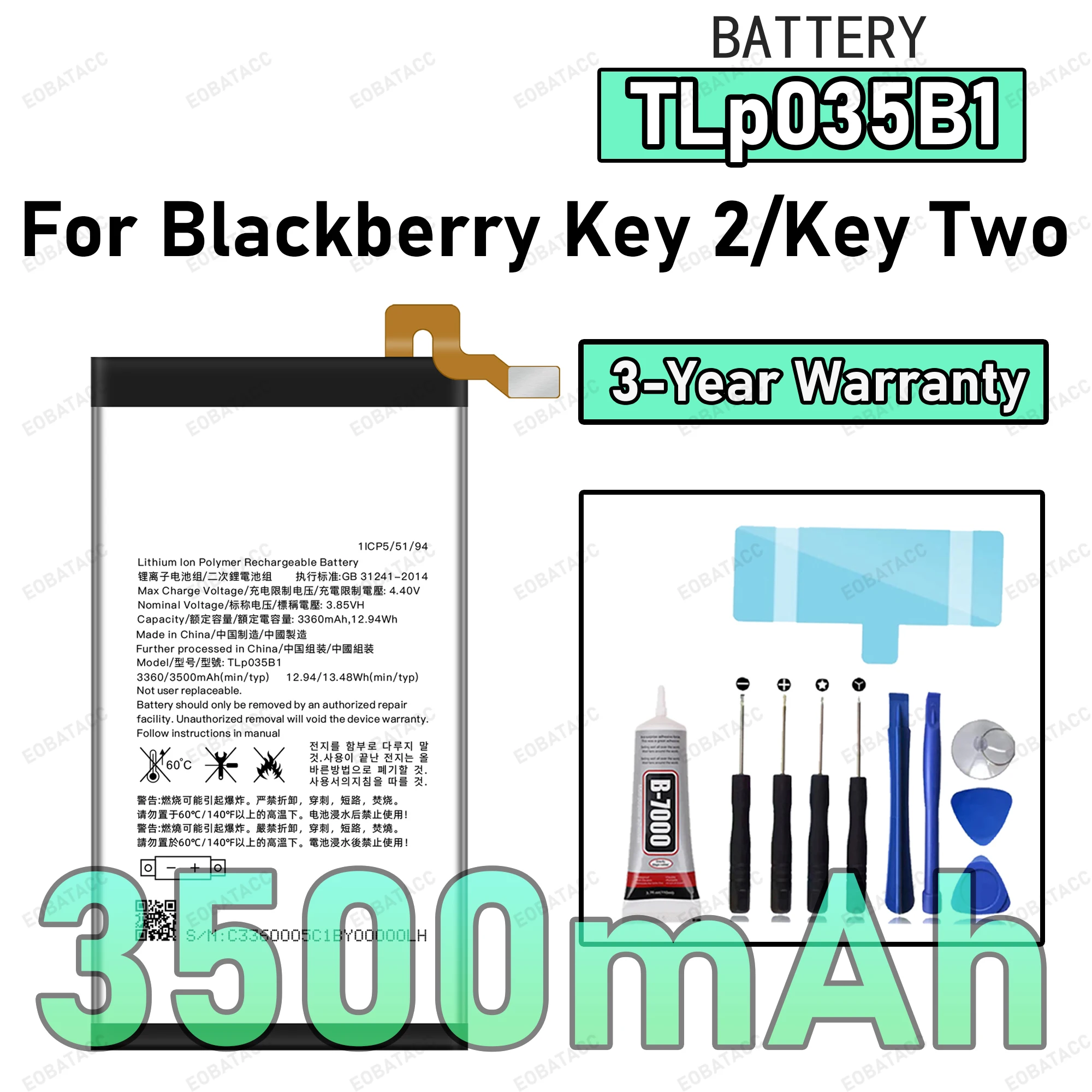 

3500mAh TLp035B1 Battery For Blackberry Key 2/Key Two Replacement Bateria+Free Tools