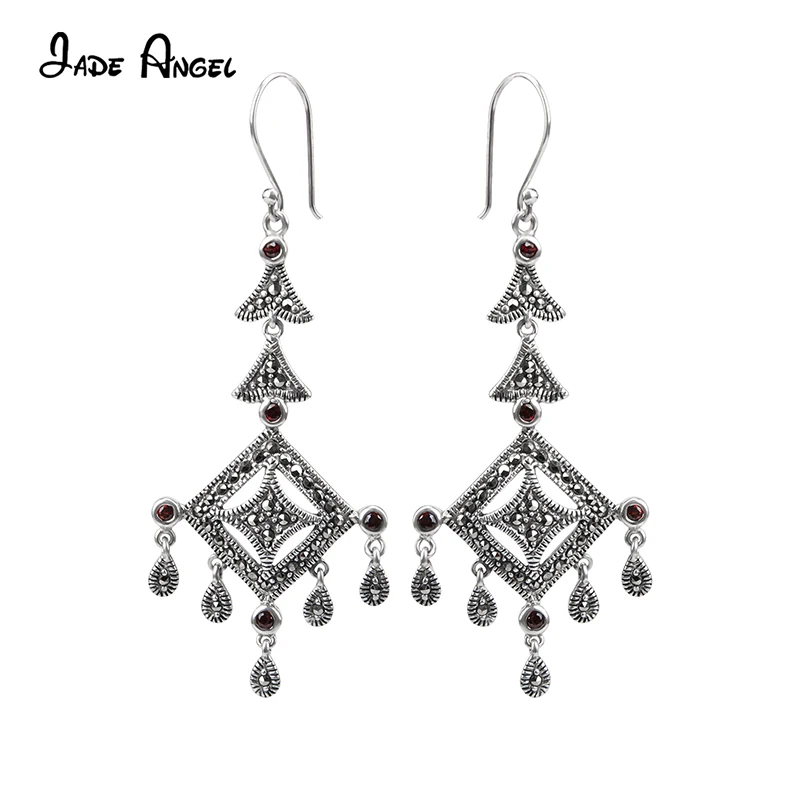 Jade Angel Vintage 925 Sterling Silver Rhombic Dangle Earrings 2022 Trend Black Marcasite Hollow-out Eardrop Women Fine Jewelry