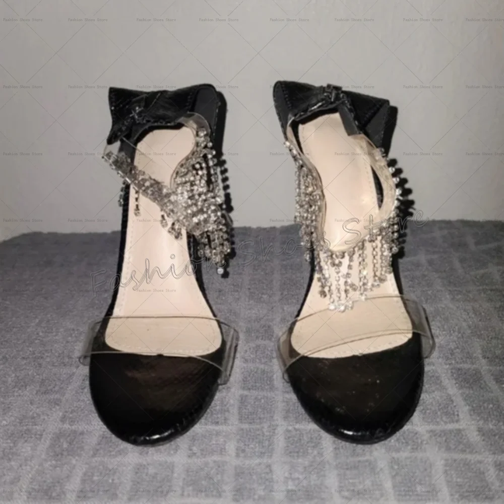 

Black Crystal Tassels Back Zipper PVC Sandals Women Shoes Stilettos High Heels Party Banquet Dating 2025 Zapatos Para Mujere