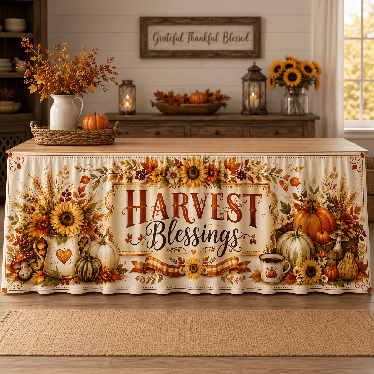One farmhouse-style table skirt with checkered trim and prints of pumpkins, apples and corn, suitable for childrenzyc
