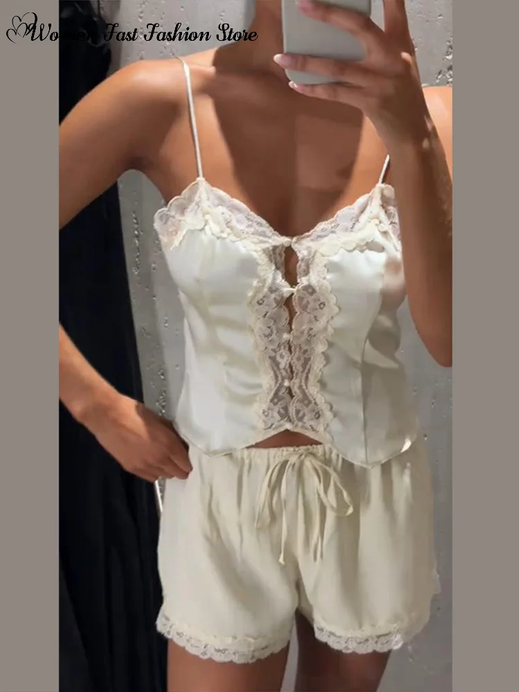 Sexy Lace Splicing Hollow-out Vest Shorts Set Women Slim V-neck Backless Tank Top Drawstring Short Pants 2026 New Holiday Outfit view 4