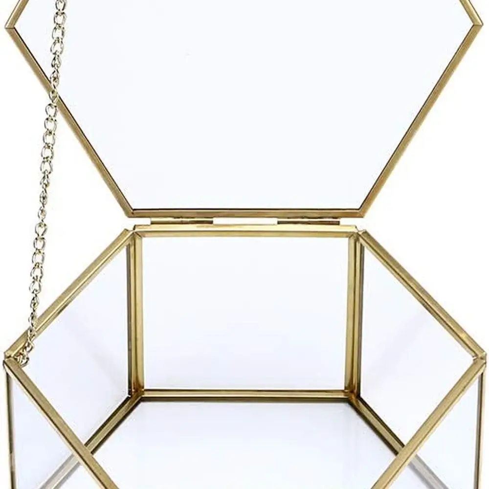 

Золотая шестиугольная стеклянная шкатулка для драгоценностей — большой органайзер для колец, серег и безделушек с домашними декоративными сундуками для хранения
