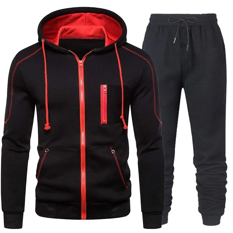 2024 Casual fitness Zipper Top Gym suit jogging sweater Men's sports set hooded sweatshirt pants running 2 pieces DropShipping