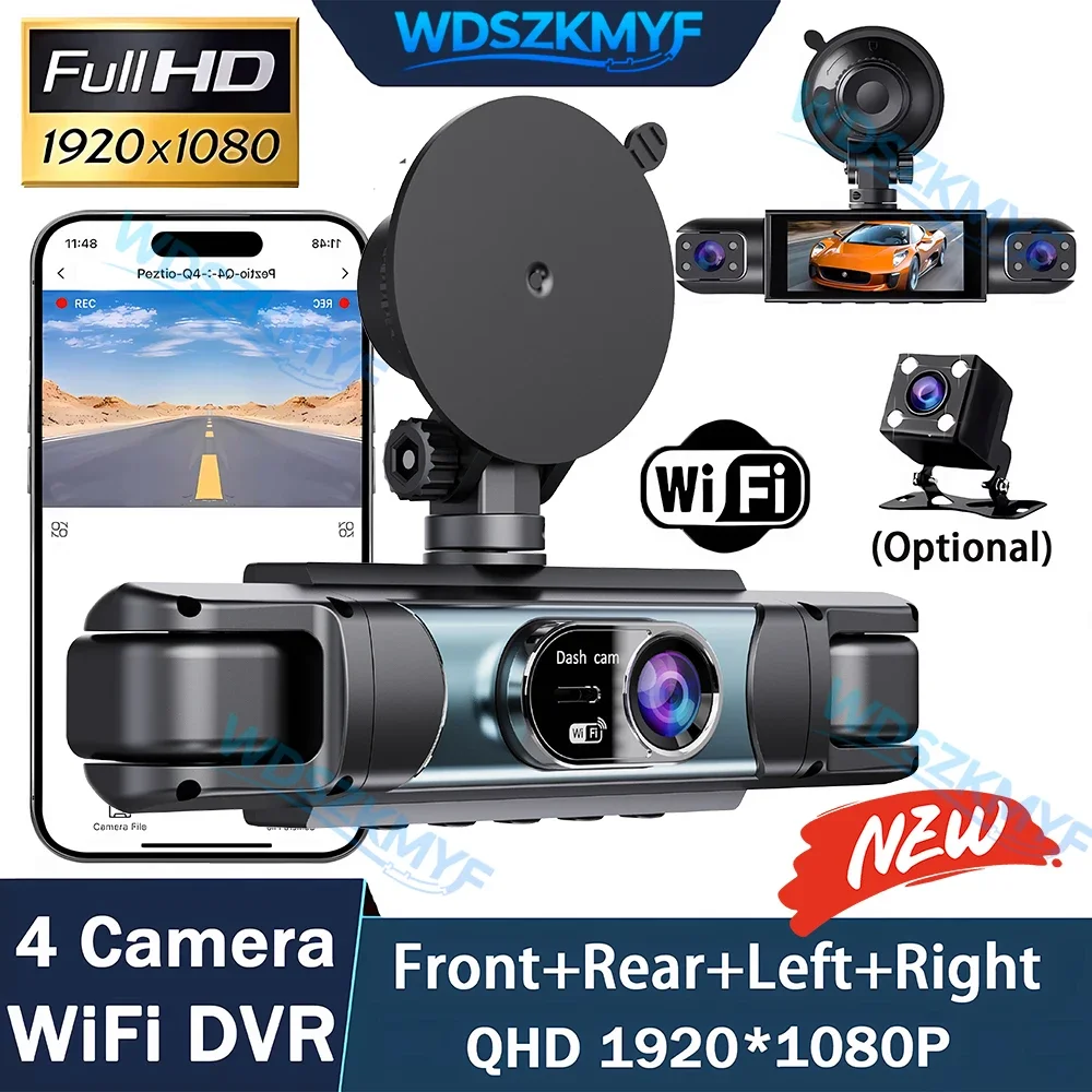 3/4-Channel 360 Degree Dash Cam for Cars FHD 1080P WiFi App Car DVR with 4 Camera Lenses Video Driver Recorder Rear View Camera
