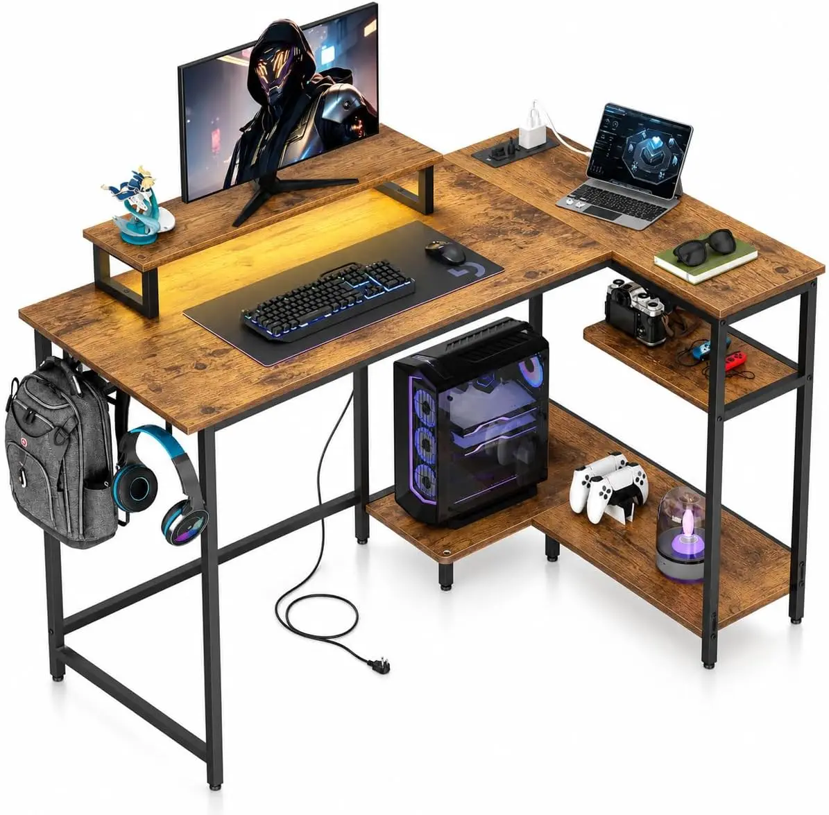 L-Shaped Gaming Desk with Smart LED Lights (31 Modes, 60,000 Colors), Built-in Monitor Stand, 2 AC + 2 USB Outlets, 2-Tier Shelves, 47 Inch