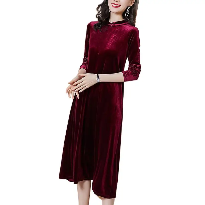 

Winter stand collor long sleeve velvet dress Autunm party long dress Elegant vintage velour dress Vestidos robe longue femme