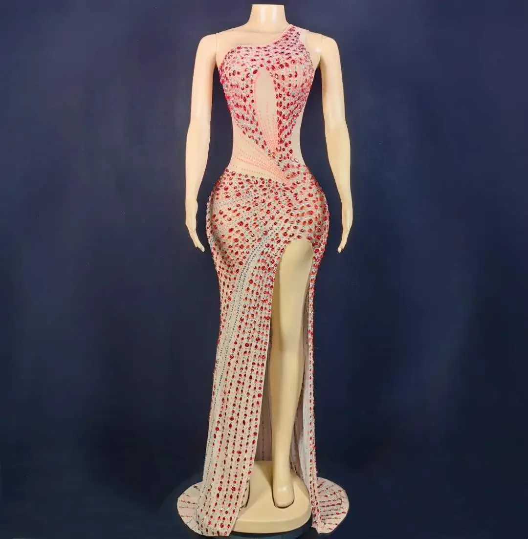 

Women Red Rhinestone Sexy Mesh Elegant Evening Crystal Birthday Dress Party Performance Stage Wear Drag Queen Costume 2025new