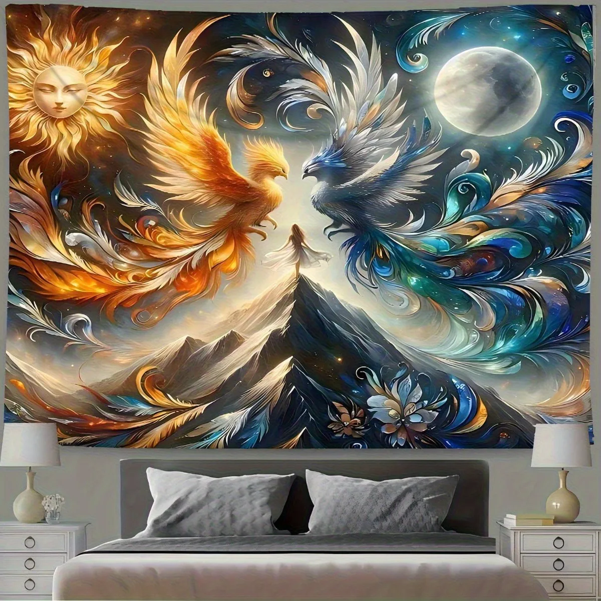 Sun Moon Phoenix Dragon Dualism Cosmic Mountain 2D Flat Tapestry Backdrop For Bedroom Decor Spiritual Wall Hanging Art Print
