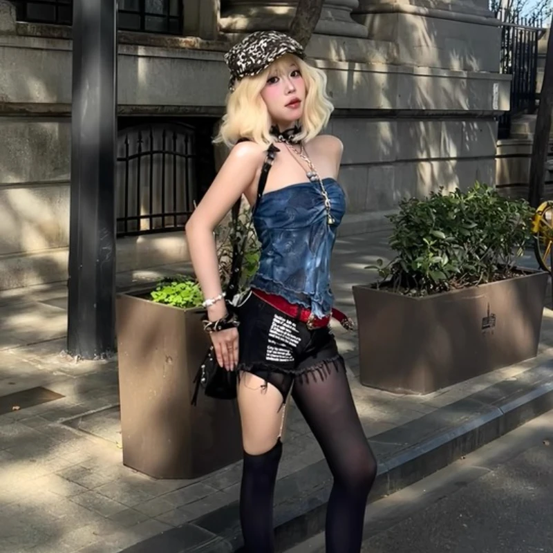 Original Retro Hot Girl Style Tie-Dye Print Ruched Strap Halter Women's Vest Gothic Summer New Sexy Beaded Sleeveless Top Ladies