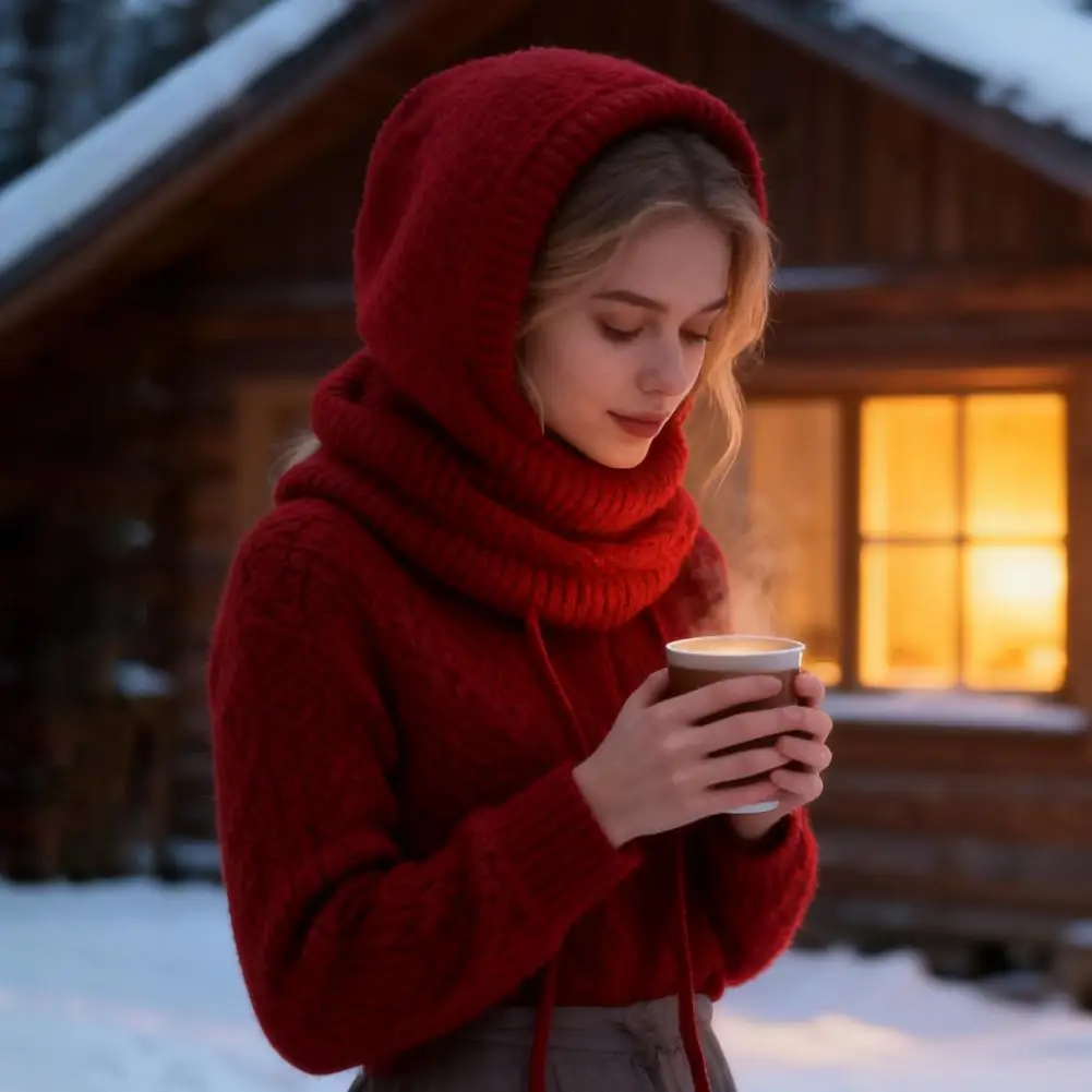Soft Knitted Hat Women Winter Hat Women’s Knitted Winter Hat with Drawstring Warm Hooded Scarf Balaclava Outdoor for Fall
