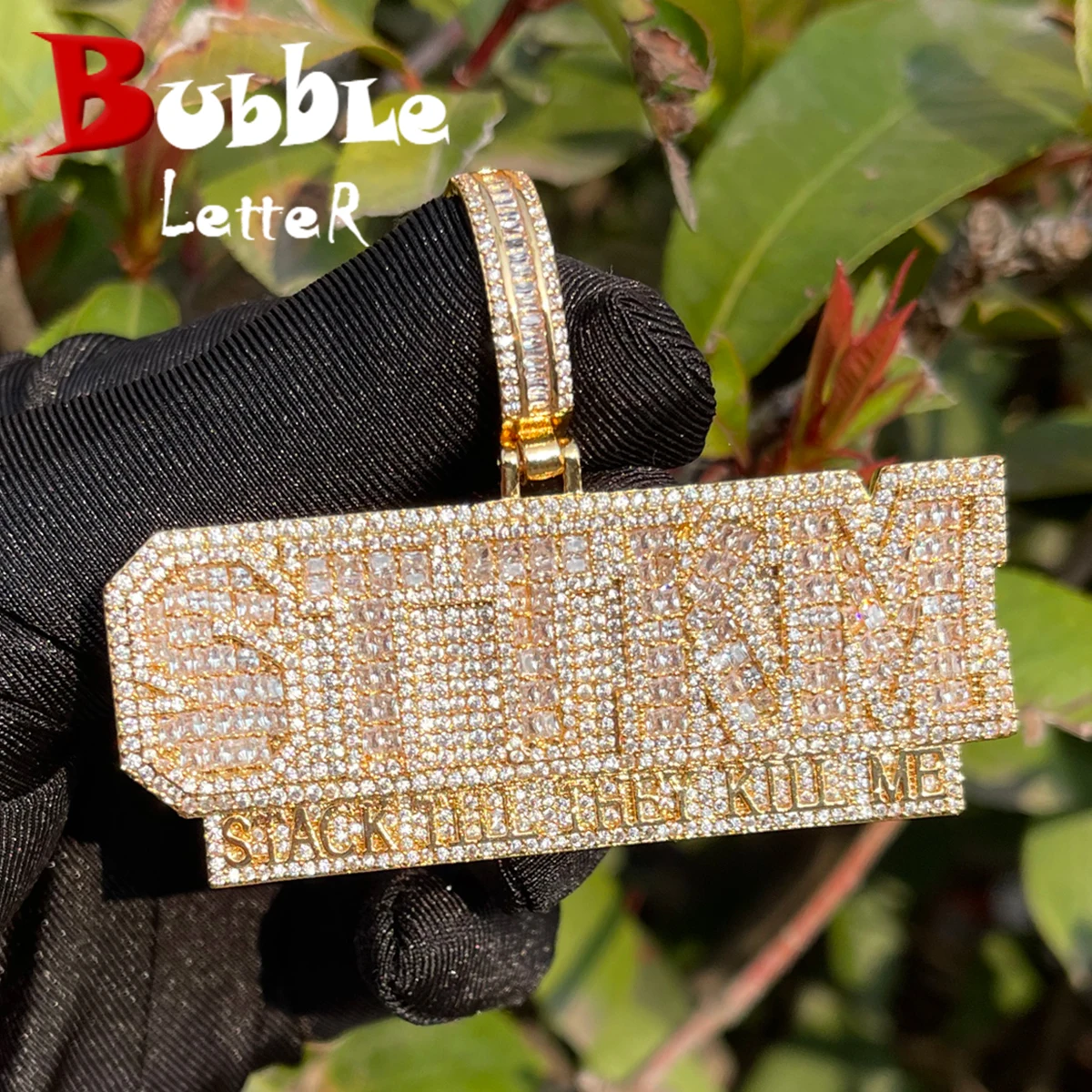 Bubble Letter Iced Out Necklace for Men Stack Till They Kill Me Pendant 5A Cubic Ziconia Real Gold Plated Hip Hop Jewelry