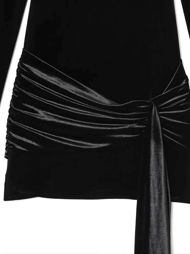 Nlzgmsj vestido de festa feminino de veludo 2025 outono inverno manga longa mock neck fitas franzidas vestido bainha fina curto mini vestido