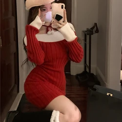 Sexy Red Christmas Dress Women Autumn Winter Korean Style Slash Neck Bodycon Knitted Dresses Female Elegant Y2k Party Mini Dress