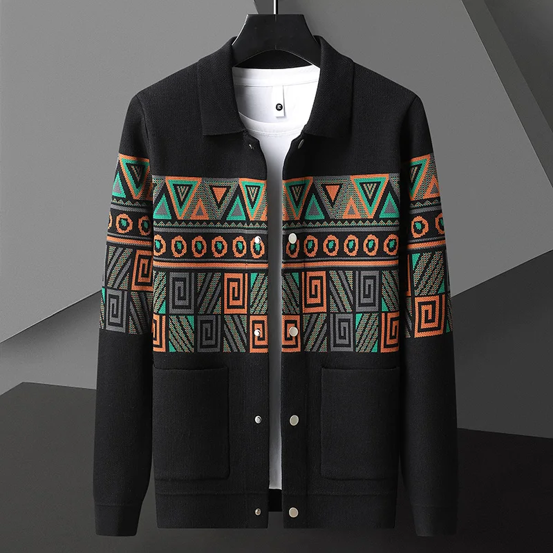 

High end brand knitted jacket men's spring and autumn new fashion retro exquisite jacquard Korean casual sweater cardigan coat